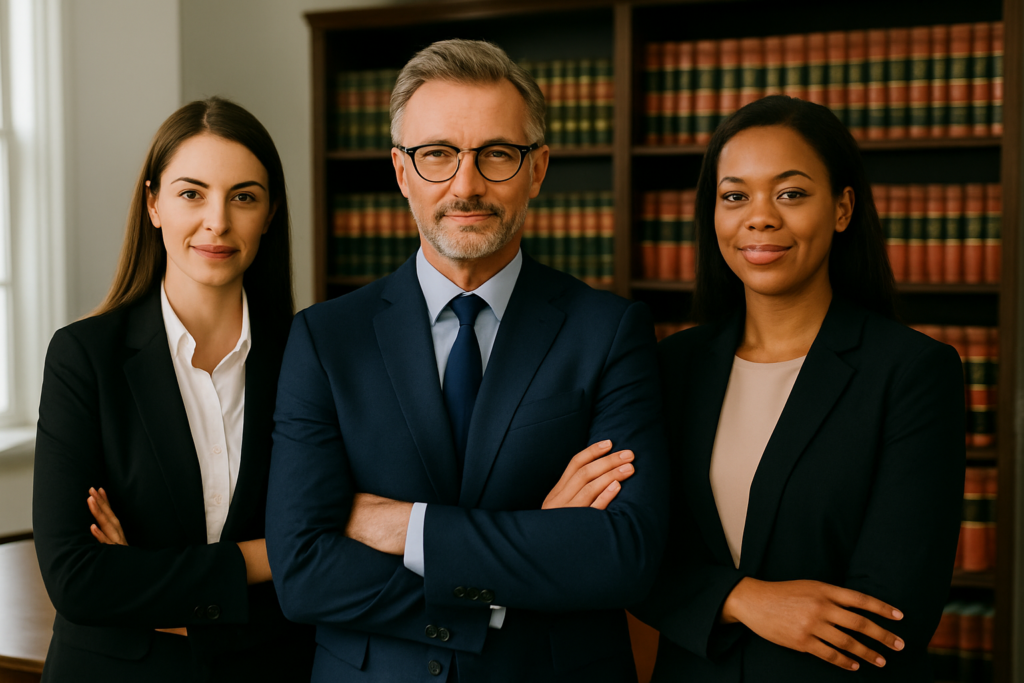 Tres abogados profesionales posando en su despacho con actitud confiada y amable, listos para ofrecer asesoría legal en Málaga.